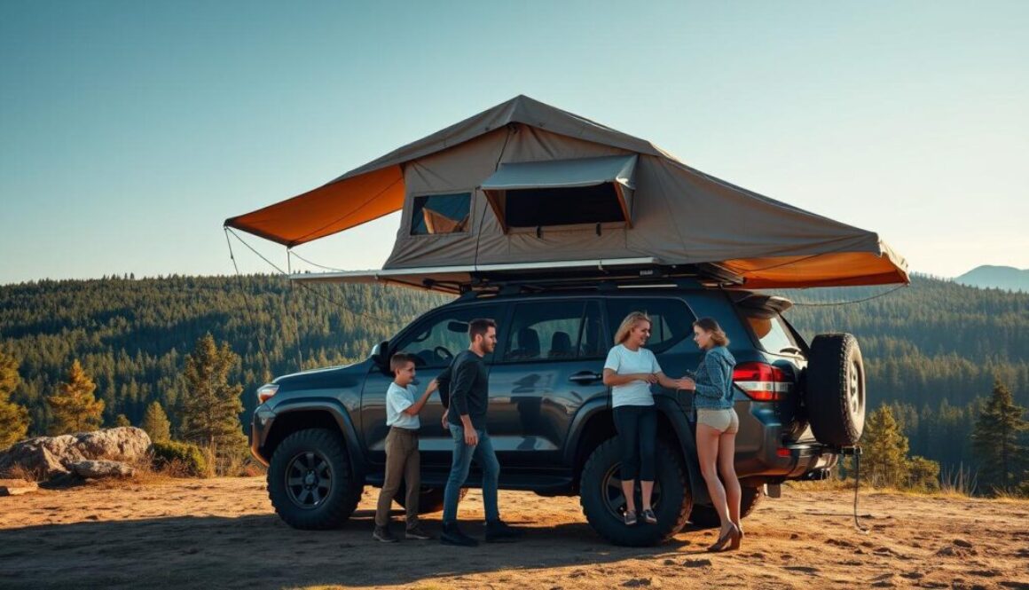 Camping mit Dachzelt Sonnenuntergang