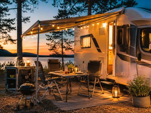 Camping Zubehör vor Wohnmobil mit Campingmöbeln und Markise